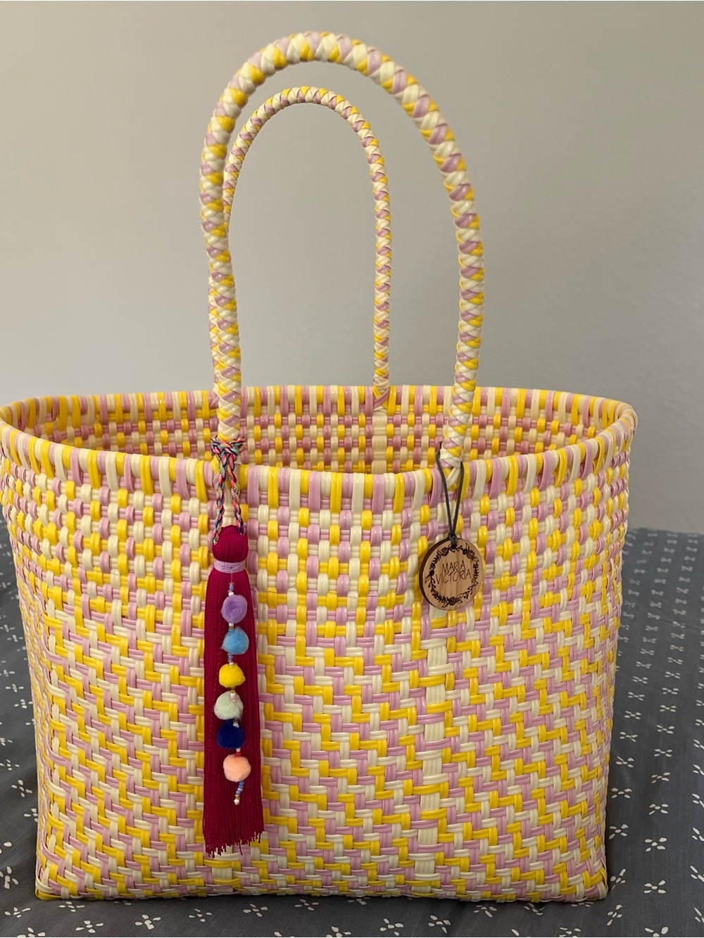Maria Victoria Woven Yellow & Pink Tote with Colorful Tassel
